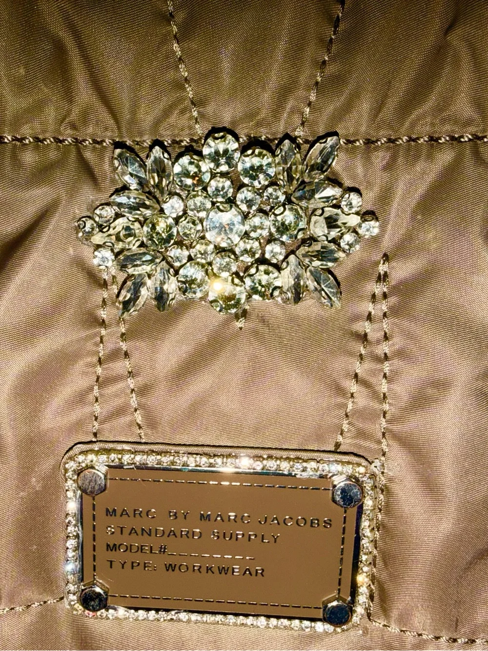 Marc by Marc Jacobs Quilted Taupe Tote Upcycled with Charm and Brooch